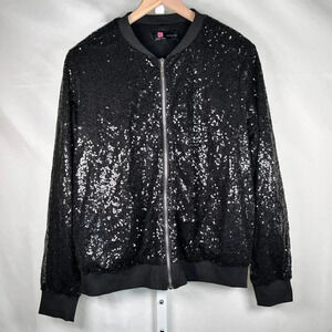 Kancy Kole Sequin Bomber Jacket Size Large Black Embellished Party